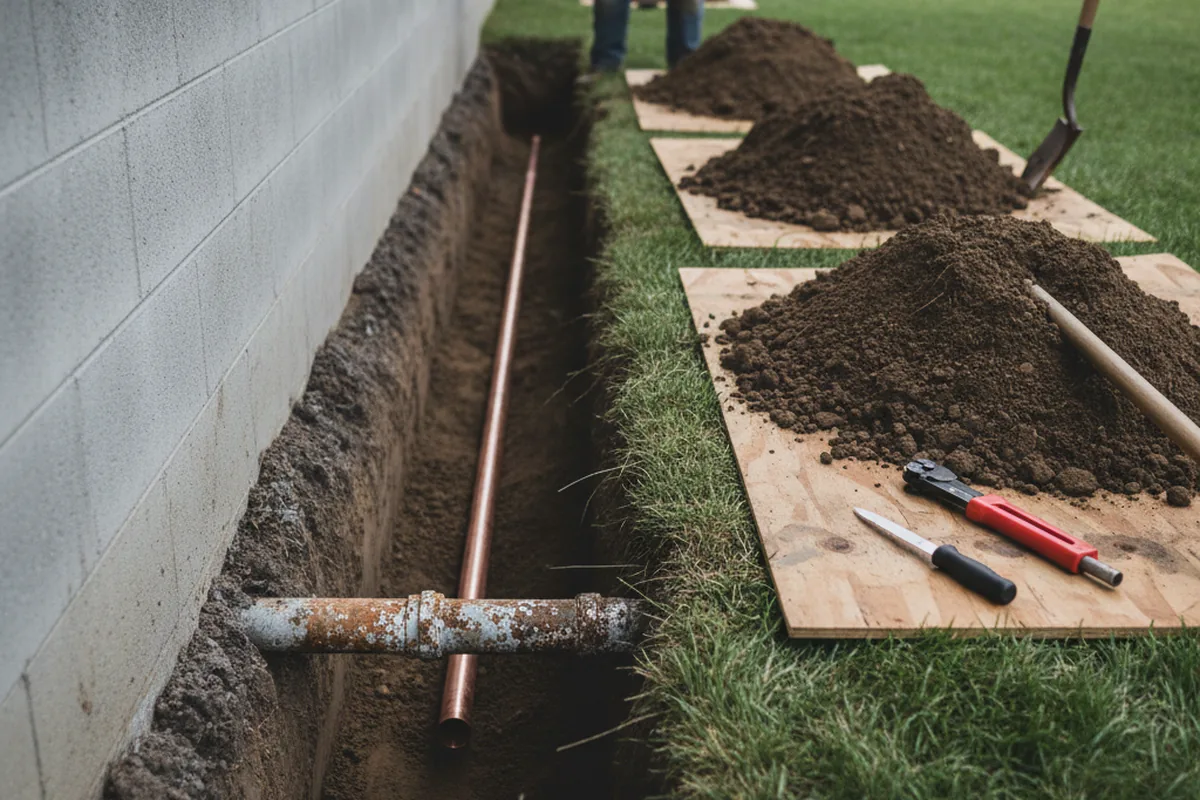 Excavated water line trench during Water Softener Installation in Red Oak